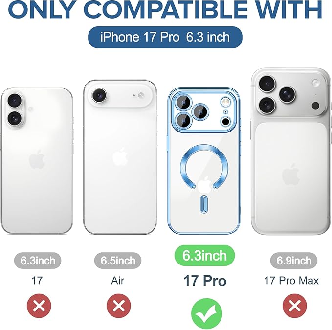 Hython Magnetic Clear for iPhone 17 Pro Case with Camera Lens Protector [Compatible with MagSafe] Luxury Plating Edge Slim Soft TPU Cover Protective Phone Case for iPhone 17 Pro 6.3", Light Blue