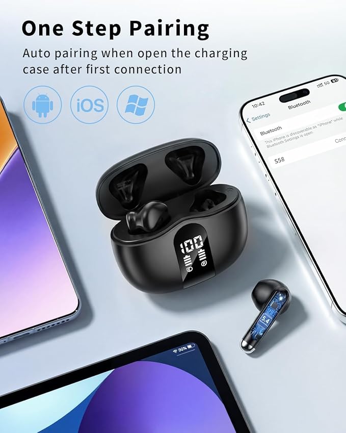 XIAOWTEK Wireless Earbuds, 2026 Bluetooth 5.4 Headphones Bass Stereo Ear Buds with Noise Cancelling Mic, LED Display in Ear Earphones 50H Playtime Ear Buds, IP7 Waterproof for Laptop Pad Phones Black