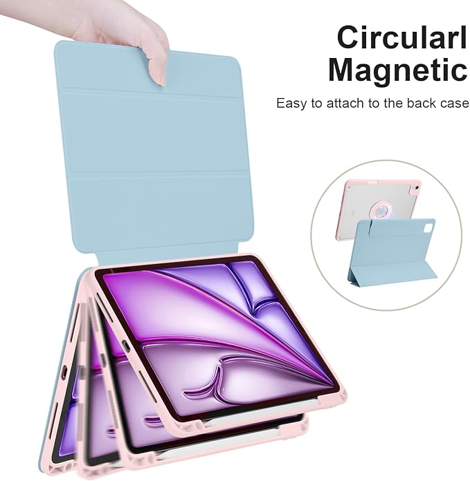 Case for iPad Air 13 Inch M4/M3/M2 2026/2025/2024, iPad Pro 12.9" 6th/5th Gen. 2022/2021 with Pencil Holder,Vertical Stand,Detachable Magnetic Trifold Stand Case,Auto Wake/Sleep,Ice Blue+Pink