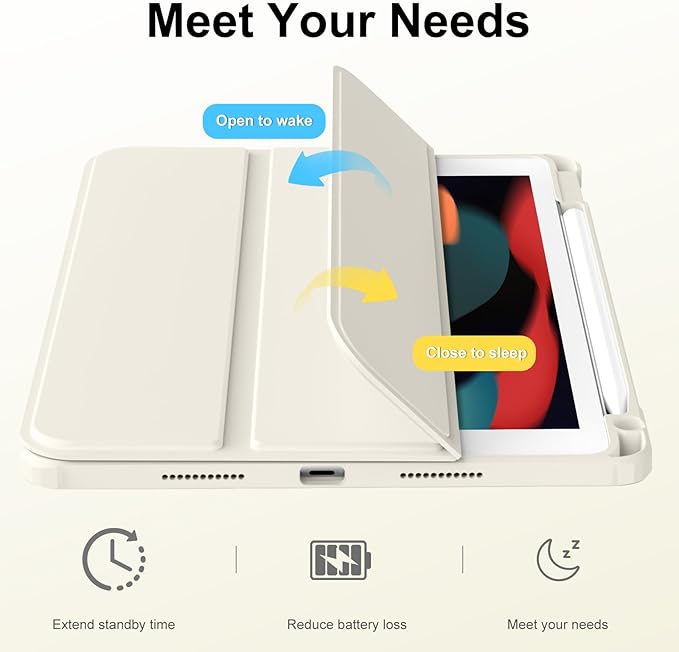 JKSML Case for iPad 9th/8th/7th Generation 10.2 Inch, Case with Pencil Holder for iPad 9/8/7 2021/2020/2019, Hard Back Cover, Auto Wake/Sleep, Cream White
