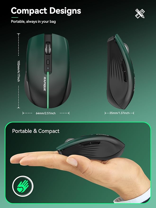RAPIQUE Bluetooth Wireless Mouse – Bluetooth 5.1 & 2.4G Dual Connectivity, Rechargeable USB-C, Silent Click, Ergonomic 6-Button for Windows/macOS/Android/iOS/Laptop/MacBook(Green-to-Black)