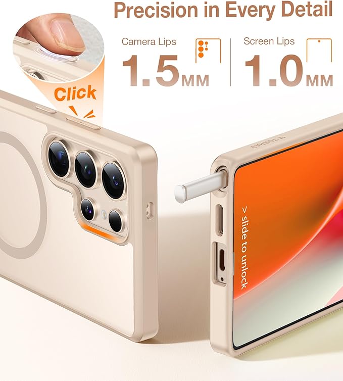 TORRAS Strong Magnetic & Seamless Stand for Samsung Galaxy S25 Ultra Case, Fit for MagSafe, Mil-Grade Drop Protection, Kickstand for Samsung Galaxy S25 Ultra Case, Translucent Back/Gold Edge