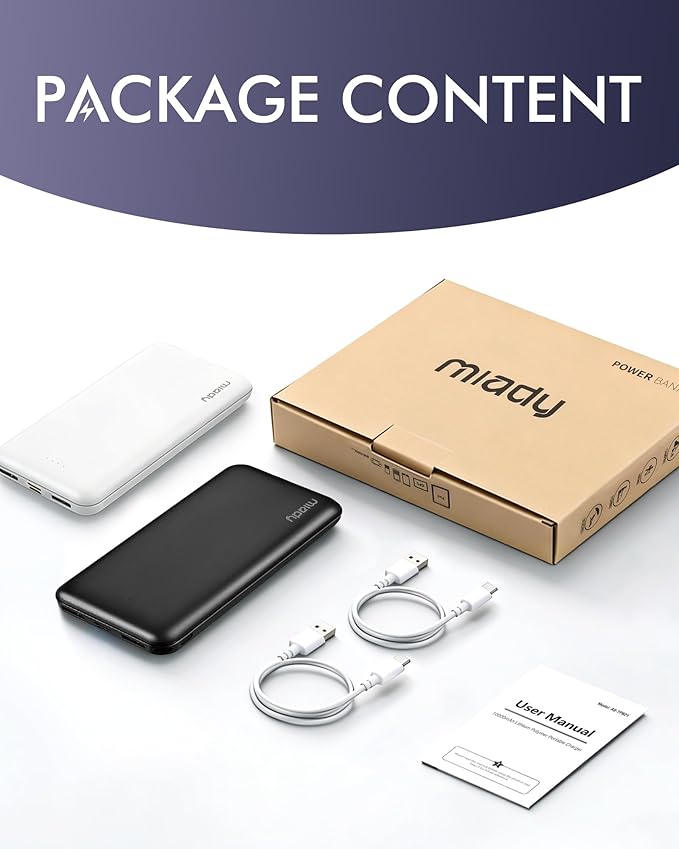 Miady 2-Pack Portable Charger, Slim 10000mAh Power Bank Travel Battery Pack 3 Outputs 2 Inputs Compatible with iPhone 17/16/15/14/13 Galaxy S24/22 iPad Android etc (2 White)