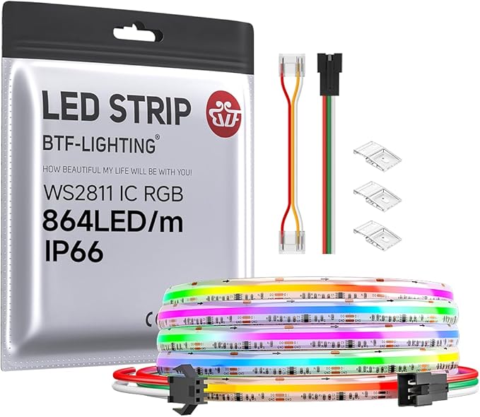 BTF-LIGHTING FCOB IP66 WS2811 IC RGB COB LED Strip 864LED/m Flexible High Density Color Chasing Uniform Light DC24V 9.8FT 24IC/m 12mm Width for Lighting Projects(No Adapter or Controller)