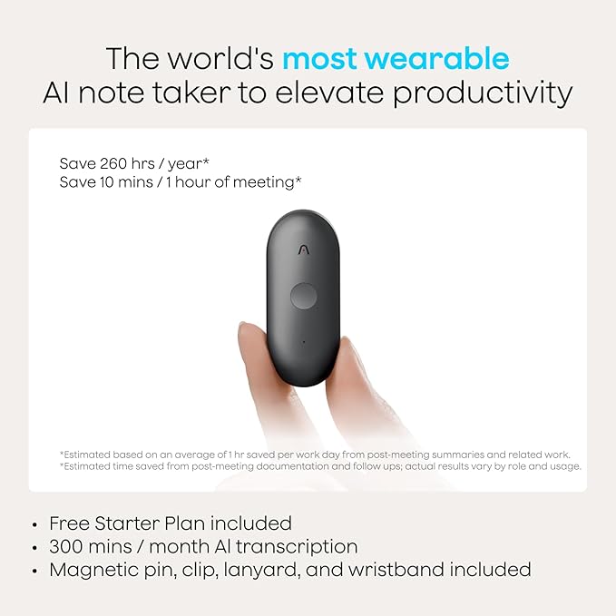 Plaud NotePin S AI Voice Recorder, Wearable AI Notetaker, AI Transcribe & Summarize, Support 112 Languages, 64GB Audio Recorder for Meetings Interviews, Professionals, Teams, with 4 Accessories