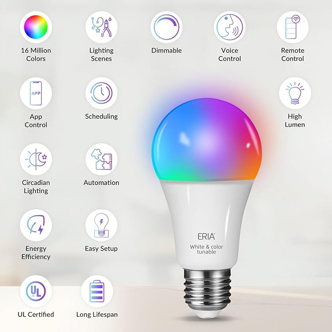 ERIA Colors and White A19 Dimmable CRI 90+ Smart Bulb Works with Hue*, SmartThings, HA, Amazon Echo (4th Gen), Alexa, HA, Google Assistant (Extra Bright – 2-Pack)