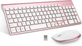 FENIFOX Keyboard and Mouse Wireless, USB 2.4GHz Combo Silent Quiet Low Profile Compact Full Size Flat Slim Thin Portable with Number Pad Soft Cover for PC Laptop Computer Office - Pink & Rose Gold