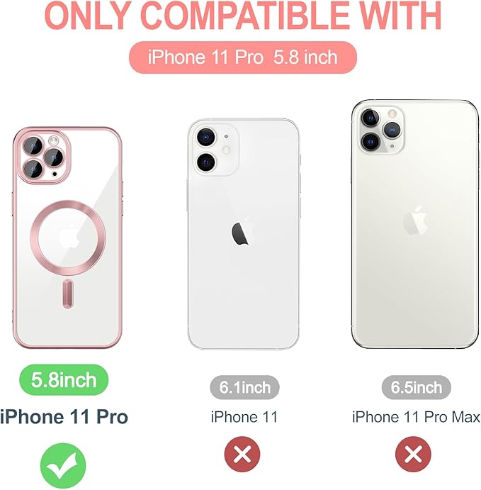 Hython Magnetic Clear for iPhone 11 Pro Case with Camera Lens Protector [Compatible with MagSafe] Luxury Plating Edge Slim Soft TPU Cover Protective Phone Case for iPhone 11 Pro 5.8", Matte Pink