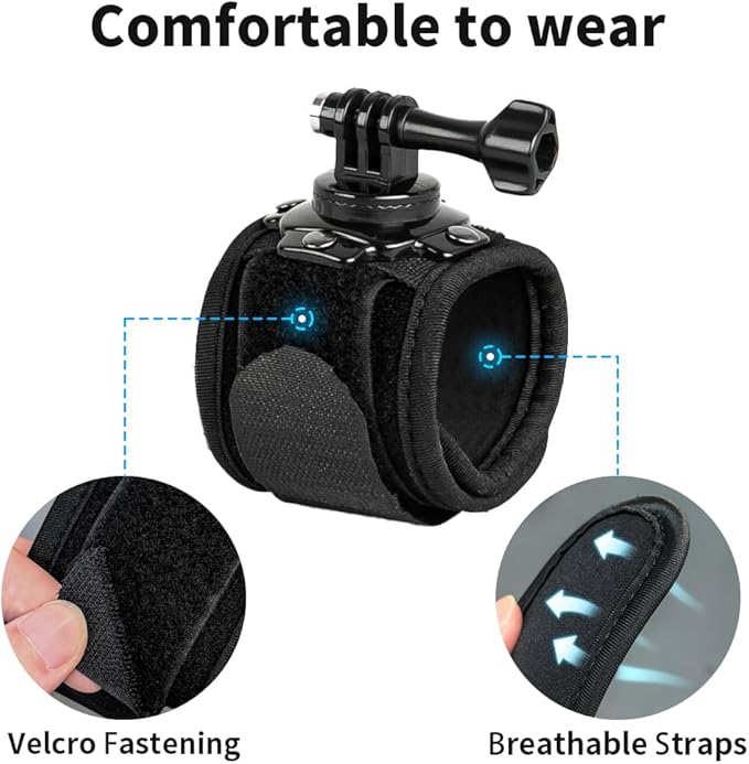 Wrist Strap Mount, 360° Rotating Arm Mount Strap Compatible with GoPro Hero 13/12/11/10/9/8/7//6/5 Black,DJI Action 6/5 pro/4/3,Insta 360 ONE R,AKASO/Campark and More Action Cameras