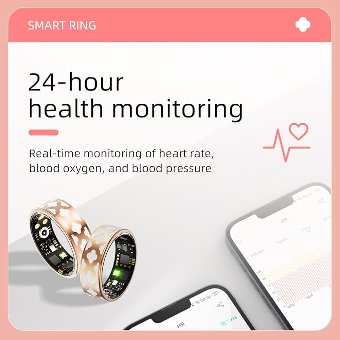 Smart Ring for Men & Women, Fitness and Health Tracker with Sleep Monitoring, Steps Counting, Daily Wellness Insights, IP68 Waterproof, No Subscription, Compatible with App (Rose Gold, 7)