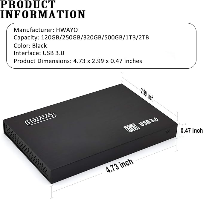HWAYO 2.5'' 1TB Ultra Slim Portable External Hard Drive USB3.0 HDD Storage for PC/Desktop/Laptop/MacBook/Chromebook/Xbox One (Black)