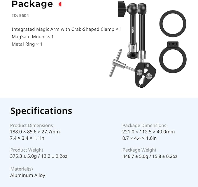 SmallRig Magic Arm Clamp w/ 1/4" Screw, Phone Mount for Magsafe & Magnetic Adapter Ring, 11 Inches Integrated Magic Arm for iPhone, for Android, for Action Cameras/LCD Monitor/LED Lights - 5604