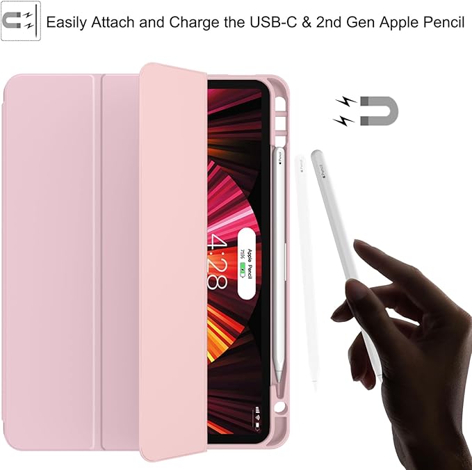 Soke for iPad Pro 11 Case (M2) 2022/2021/2020 with Pencil Holder - [Full Body Protection + Apple Pencil Charging + Auto Wake/Sleep], Soft TPU Back Cover for 2022 iPad Pro 11 inch(Pink)