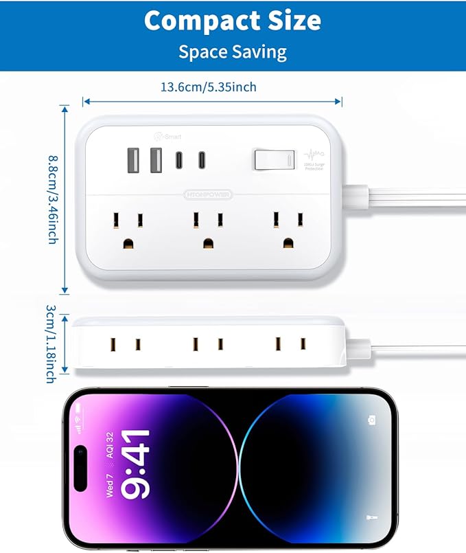 Flat Extension Cord 25 ft, NTONPOWER Power Strip with 6 Outlets 4 USB Ports(2 USB C),Flat Plug, Multiple Outlets, Mounted, Outlet Extender, Overload Protection for Indoor, Home, Office