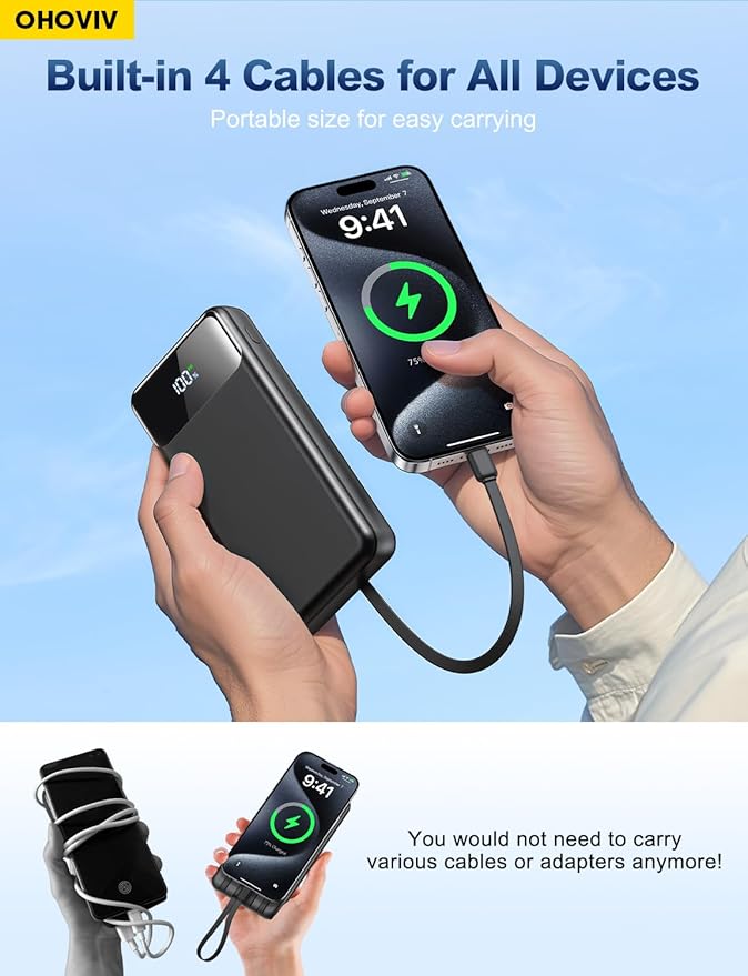 OHOVIV Portable Charger Power Bank 50000mAh Battery Pack, 22.5W Fast Charging PowerBank with Built in Cables,Travel Essential USB-C Portable Phone Charger for iPhone Samsung Pixel Android iPad