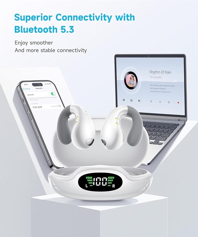 Boytond Ultra Open Ear Earbuds - Comfortable Clip-On Bone Conduction Earbuds, Over-The-Ear Open Headphones with Waterproof Build for Running, Gym Workouts, and Outdoor Sports, Elegant White