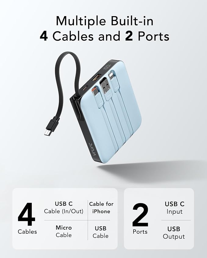 VRURC Portable Charger for iPhone with Built-in Cable, 10000mAh 22.5W Fast Charging USB C Battery Pack, Cell Phone Power Bank for iPhone 17 16 15 & Other Series (Blue)