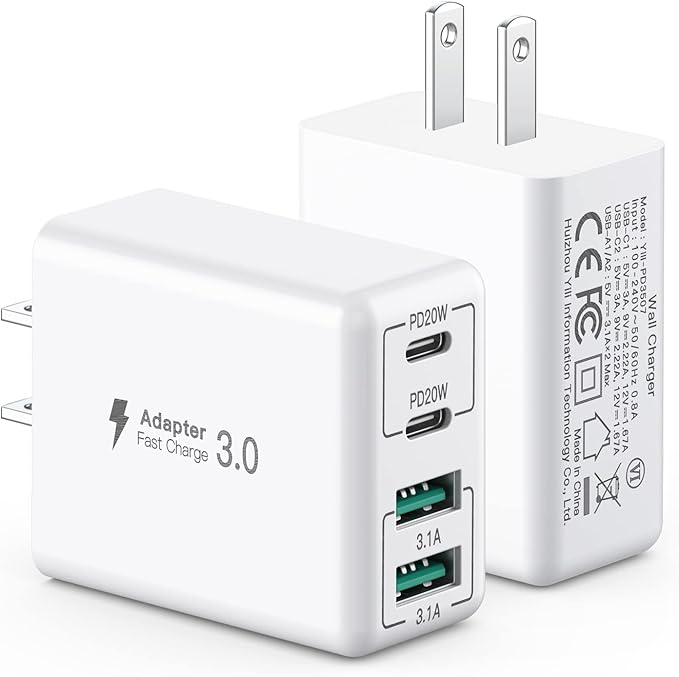 [2 Pack] USB C Wall Charger, 40W 4-Port USB C Charger Block,Fast Charging Block Dual Port PD+QC Wall Plug Multiport Type C Compatible with iPhone 14/13/12/11/Pro Max/XS/XR/8, Samsung Phone,Tablet