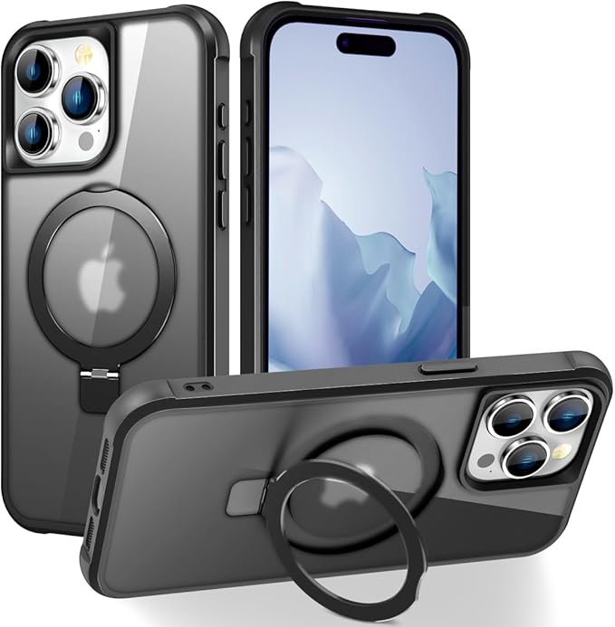 SKYLMW Compatible with iPhone 14 Pro Case with Invisible Magnetic O-Ring Stand Military-Grade Translucent Case for iPhone 14 Pro 6.1" [Compatible with Mag-Safe][Great Grip Feeling], Black