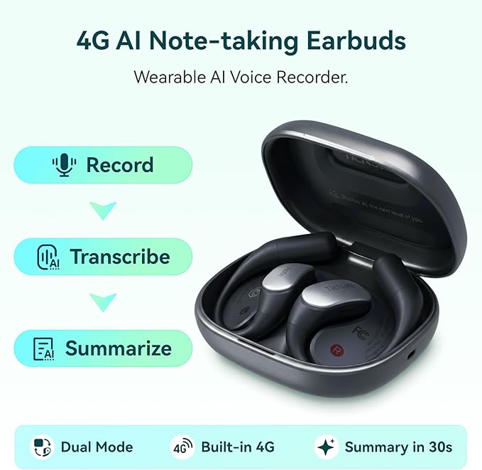 Mobvoi TicNote Pods Wearable AI Voice Recorder with 4G, No Phone Needed, Voice Activated, AI Transcription & Translation,Auto Transcription & Meeting Notes,120+ Languages, 5-Hour Battery, White
