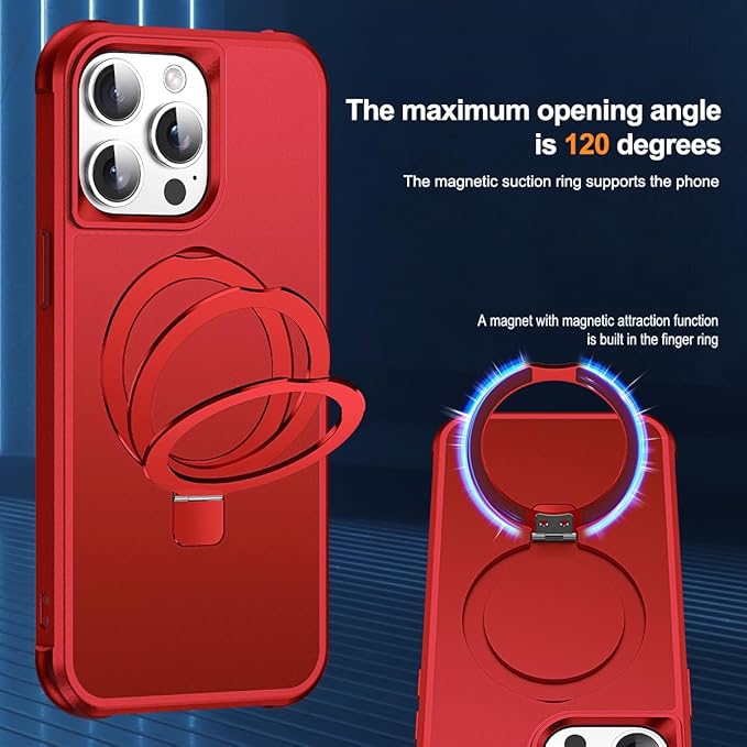 SKYLMW Compatible with iPhone 15 Pro Max Case with Invisible Magnetic O-Ring Stand Military-Grade Case for iPhone 15 ProMax 6.7" [Compatible with Mag-Safe][Great Grip Feeling], Red