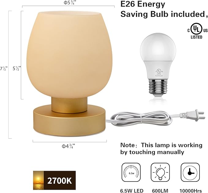 Touch Bedside Table Lamp - Desert Titanium Color Glass Lamp Shade, Warm LED Bulb, 3 Way Dimmable, Simple Design