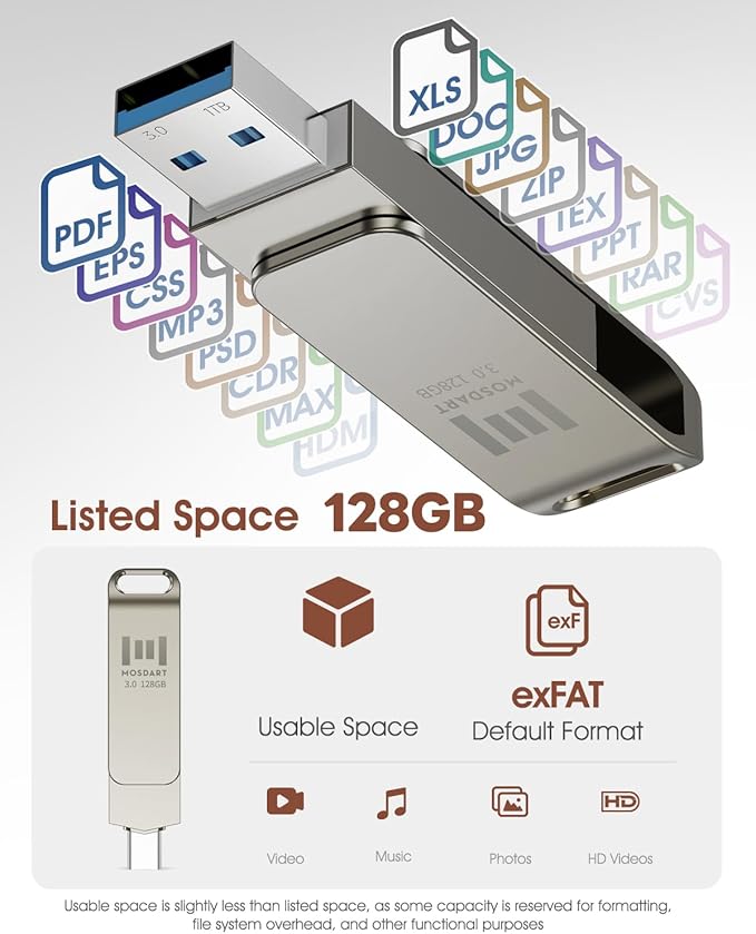 MOSDART 128GB USB C 3.2 Fast Speed C and A Dual Flash Drive, exFAT Memory Stick with Keychain Loop, for iPhone 15,16,17, Android Phone, iPad, MacBook, Silver