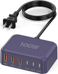 Updated USB C Fast Charger Block, 100W GaN 6 Port PD USB C QC USB A Wall Charger Adapter Plug Cube, Type C Charging Station Hub for iPhone 17 16 15 14 13 Pro Max iPad Samsung Pixel 5ft Extension Cord