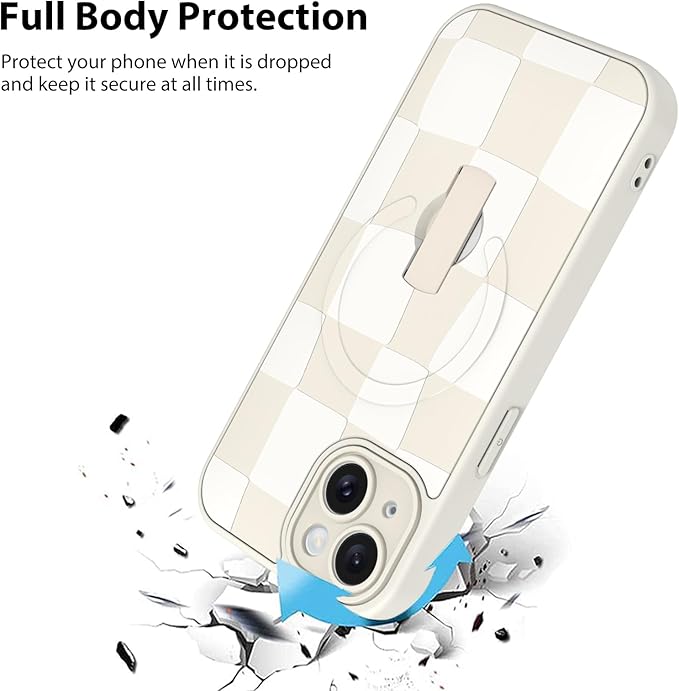 KANGHAR Compatible with iPhone 15 Case, Support for MagSafe, Silicone Checkered Cute Pattern, Wristband Kickstand Camera Protection Soft Slim Cover for Girls Women -White