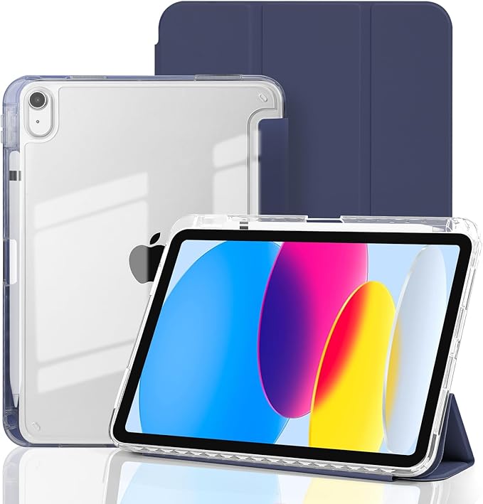 Case for iPad A16 11th Generation 11" 2025, iPad 10th Generation 10.9 Inch 2022, Hybrid Protective Cover with Pencil Holder, Clear Transparent Back Shell Anti-Yellowing Case, Dark Blue