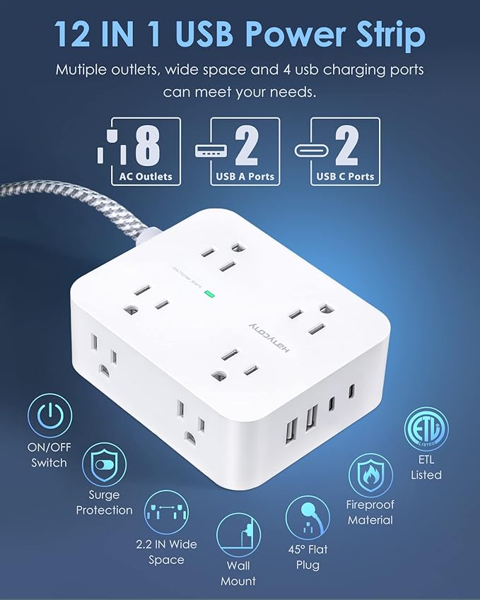 6Ft Surge Protector Power Strip with USB C, HANYCONY Extension Cord with 8 Outlets(2.2 IN) 4 USB Ports(2 USB C), Flat Plug, Wall Mount, 3 Side Outlet Extender for Home Dorm Room Essentials, ETL Listed