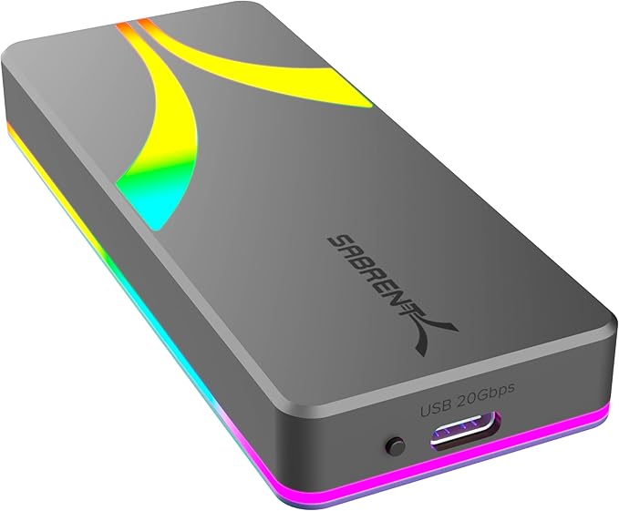 SABRENT Rocket RGB NVMe & SATA M.2 SSD Enclosure – USB C 20Gbps Tool-Free Case, USB 3.2 Gen 2x2, Trim, UASP, RGB LED, Compatible with 2230/2242/2260/2280 Drives – Aluminum, Plug & Play (EC-RGBG)