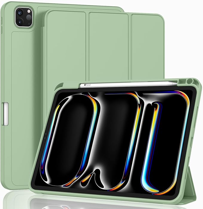 ZryXal New iPad Pro 13 Inch Case (M5) 2025 / (M4) 2024 with Pencil Holder, Smart iPad Case [Support Pencil Pro and Pencil (USB-C)], Support Touch ID and Auto Wake/Sleep (Matcha Green)