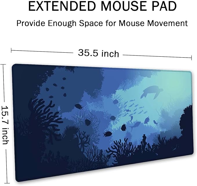 SSOIU Blue Ocean Big Turtle Desk Mat, Under The Sea Peaceful Extra Large Mouse Pad, Extended Gaming Mat 35.5" X 15.7", Large Non-Slip Rubber Base with Stitched Edges