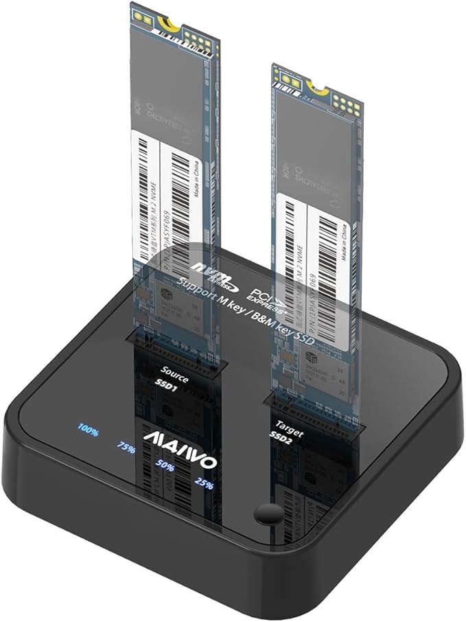 MAIWO K3016P Dual-Bay M.2 NVMe Docking Station, USB-C 3.1 Gen2 10Gbps, Offline One-Key Clone, Tool-Free SSD Enclosure for 2242/2260/2280/22110 PCIe NVMe SSDs – Compatible with Windows/Mac/Linux
