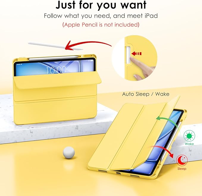 DTTO for iPad Air 13 Inch Case M4/M3/M2 2026/2025/2024, iPad Pro 12.9 Inch Case (6th/5th/4th/3rd Gen), Smart Slim Trifold Stand Soft Cover with Pencil Holder, Yellow