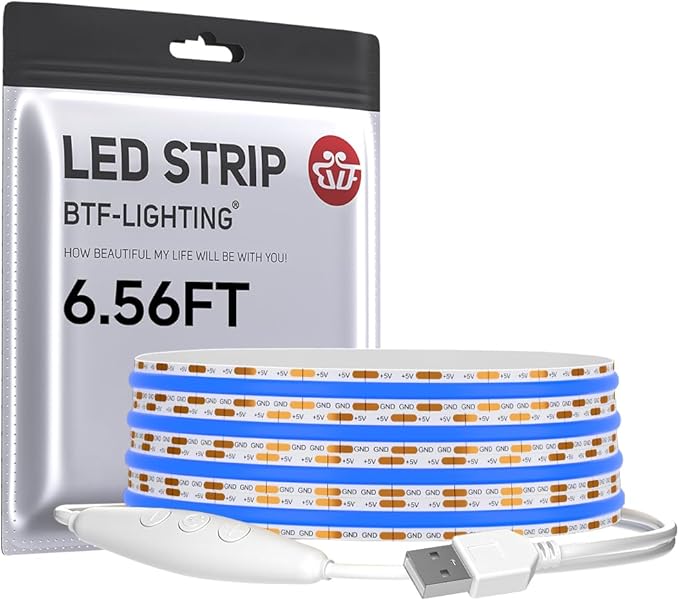 BTF-LIGHTING FCOB COB FOB LED Strip Lights 5V USB Powered 6.56FT 640LEDs Blue Color 8mm Width Dimmable CRI 90+ with 3M Tape Flexible High Density for 3D Printer TV Backlight PC DIY Decor
