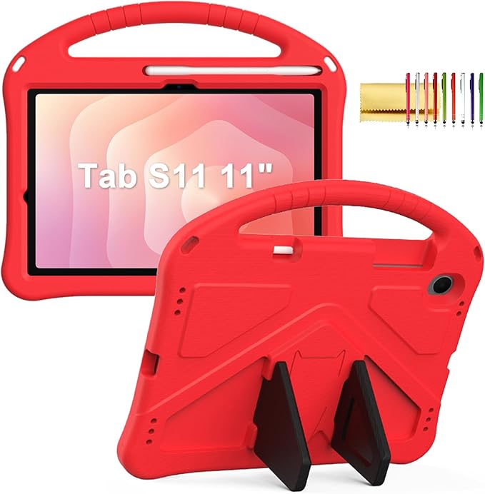 Kids Case for Samsung Galaxy Tab S11 2025 11" Tablet, Techcircle Light Weight Shock Proof EVA Foam Handle Rugged Stand Protective Case, Red