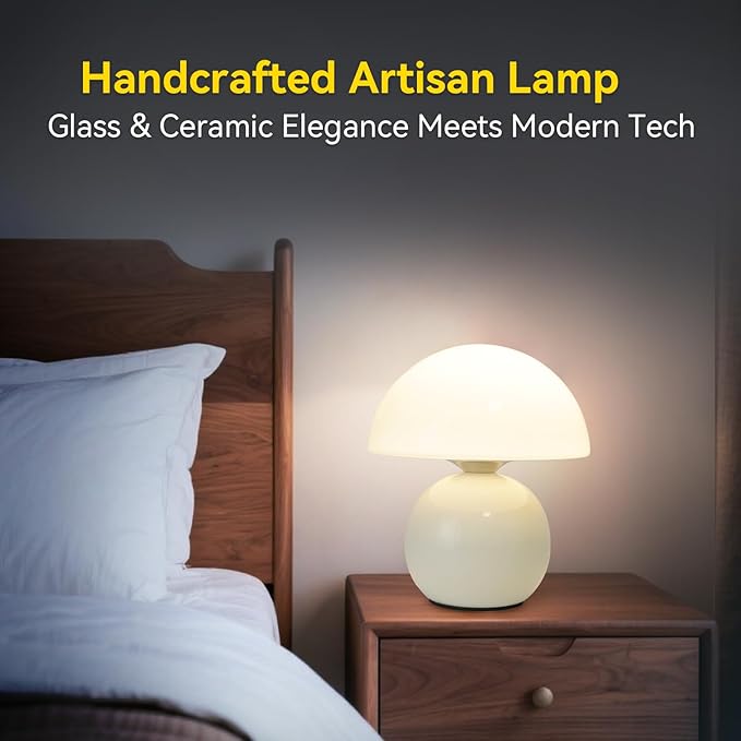 Remote Control Mushroom Lamp with Timer – 3-Color Dimmable Bedside Light, Ceramic Base & Glass Shade, Modern Decorative Night Lamp for Bedroom, Living Room, and Home Office (Sunset Orange)