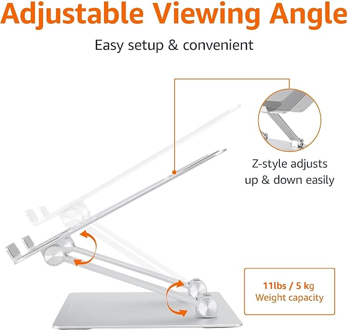 Amazon Basics Sturdy and Portable Ergonomic Laptop Stand for Desk, Height Adjustable Riser with Ventilated Cooling, Foldable, Fits all Laptops up to 15.6 Inch, Silver