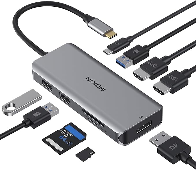 Docking Station, USB C Adapter, 9 in 1 Triple Display Multiport Dongle with 2 HDMI 4K, DisplayPort, 3 USB, 100W PD, SD/Micro SD Card Reader for MacBook Pro Air Type C Laptops