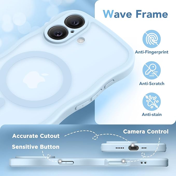 CAPRARO Magnetic for iPhone 17 Case for Women Girls, Upgraded [Full Camera Protection] [Compatible with MagSafe] Cute Wave Translucent Matte Phone Case for iPhone 17, Light Blue