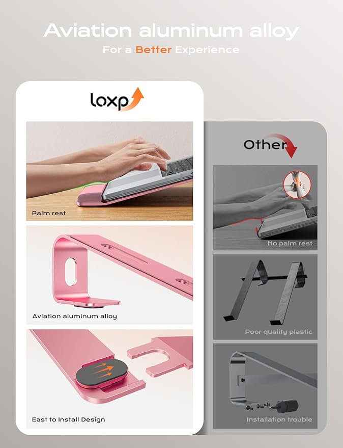 LOXP Laptop Stand for Desk, Laptop Stand with Wrist Support, Ergonomic Detachable Laptop Riser, Mount, Holder Notebook Computer Stand for MacBook Air Pro, HP, Dell, XPS, HP (10-17") Laptops - Pink
