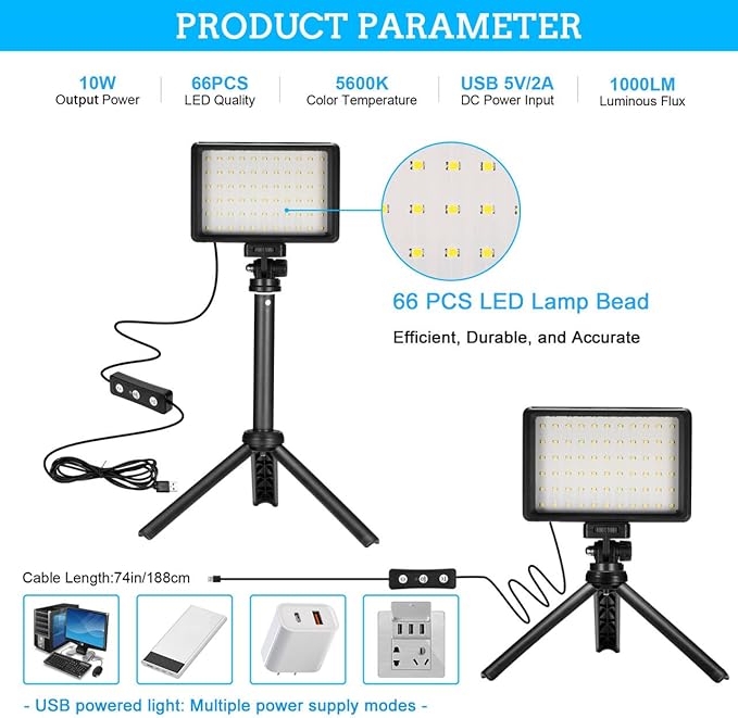 LED Video Light 2-Pack, 5600K Dimmable USB Photo Lights with Mini Tripod and Colored Filters for Photo Studios, Small Angle Shooting, Video Recording, Game Streaming