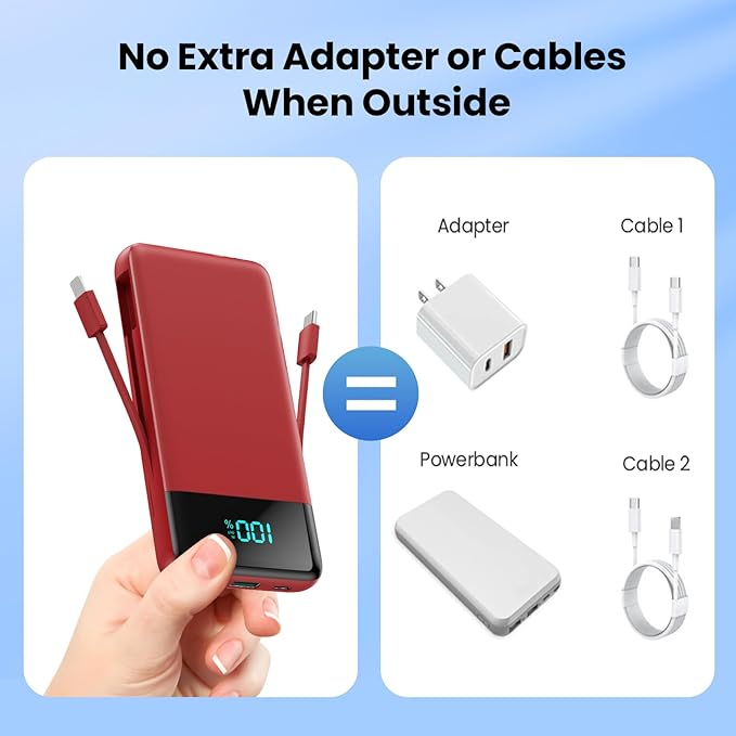 Portable Charger for iPhone,13800mAh Slim Power Bank with Built-in Cables & AC Wall Plug,All in One 4 Outputs USB C Fast Charging Battery Pack Travel Essential for iPhone 17/16/15/14,Android (Red)