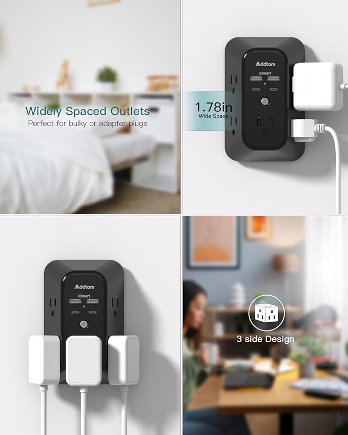 Addtam 5-Outlet Extender Surge Protector, Multi Plug Wall Outlet with 4 USB Wall Charger(2 USB C), Outlet Splitter Power Strip for Home Office Dorm Room Essentials, Plug Extension Outlet 1800J, Black