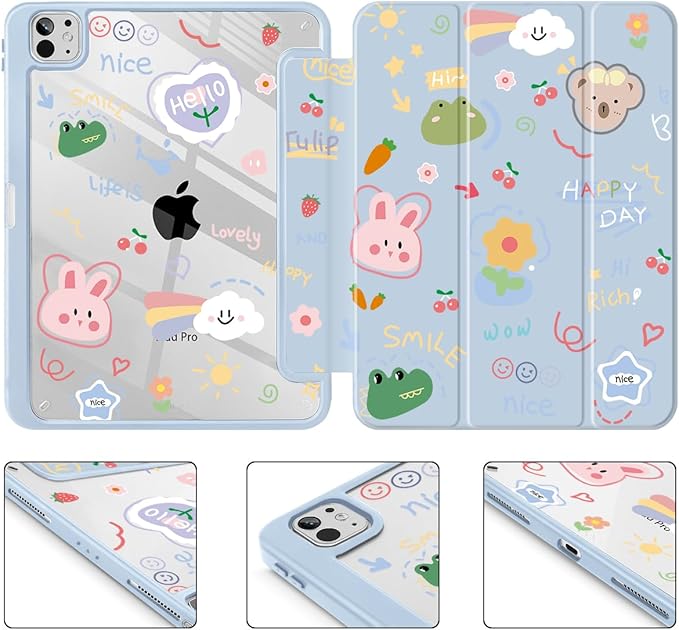 May Chen for iPad Pro 13 Inch Case M5 2025 / M4 2024, Built Pencil Holder & Clear Transparent Print Back Shell Slim Stand Shockproof Tablet Cover, Auto Wake/Sleep, Cut Stick Figure