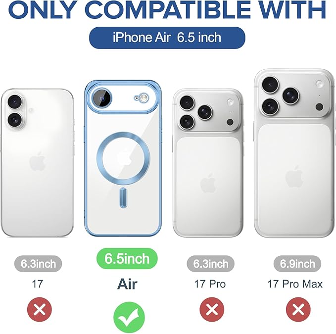 Hython Magnetic Clear for iPhone Air Case with Camera Lens Protector [Compatible with MagSafe] Luxury Plating Edge Slim Soft TPU Cover Protective Phone Case for iPhone Air 6.5", Matte Light Blue