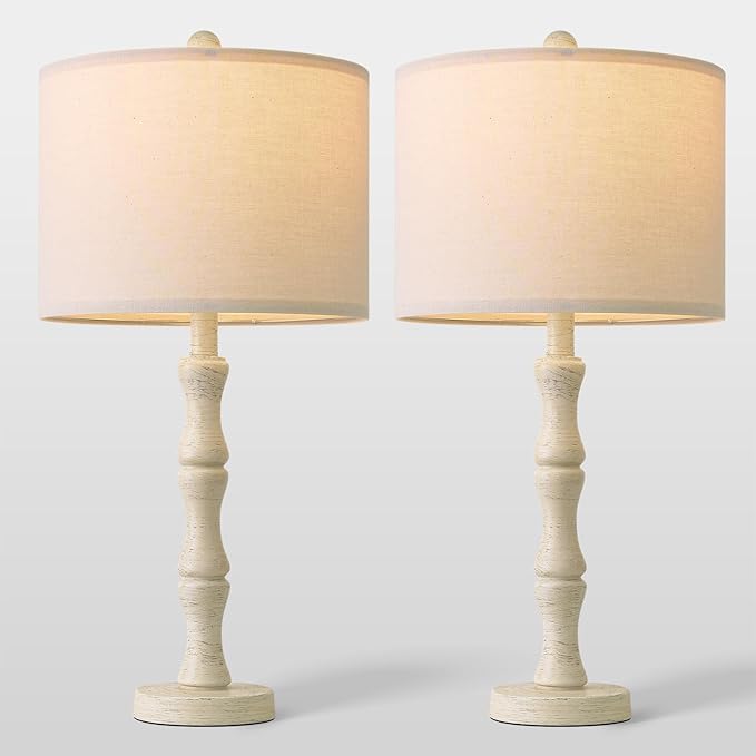 BOBOMOMO 25" Farmhouse Bedside Lamps Set of 2, Vintage Nightstand Lamps with Antique White Resin Base & Linen Shade, Standard Table Lamps for Bedroom, Living Room, End Table & House Décor