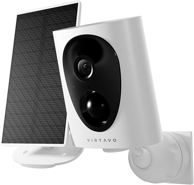 VIRTAVO Wireless Solar Security Camera Outdoor, 2K Starlight Color Night Vision, PIR Motion Detection, Battery Powered, 2-Way Audio, Weatherproof, Cloud/SD Storage, 2.4GHz WiFi, No Monthly Fee